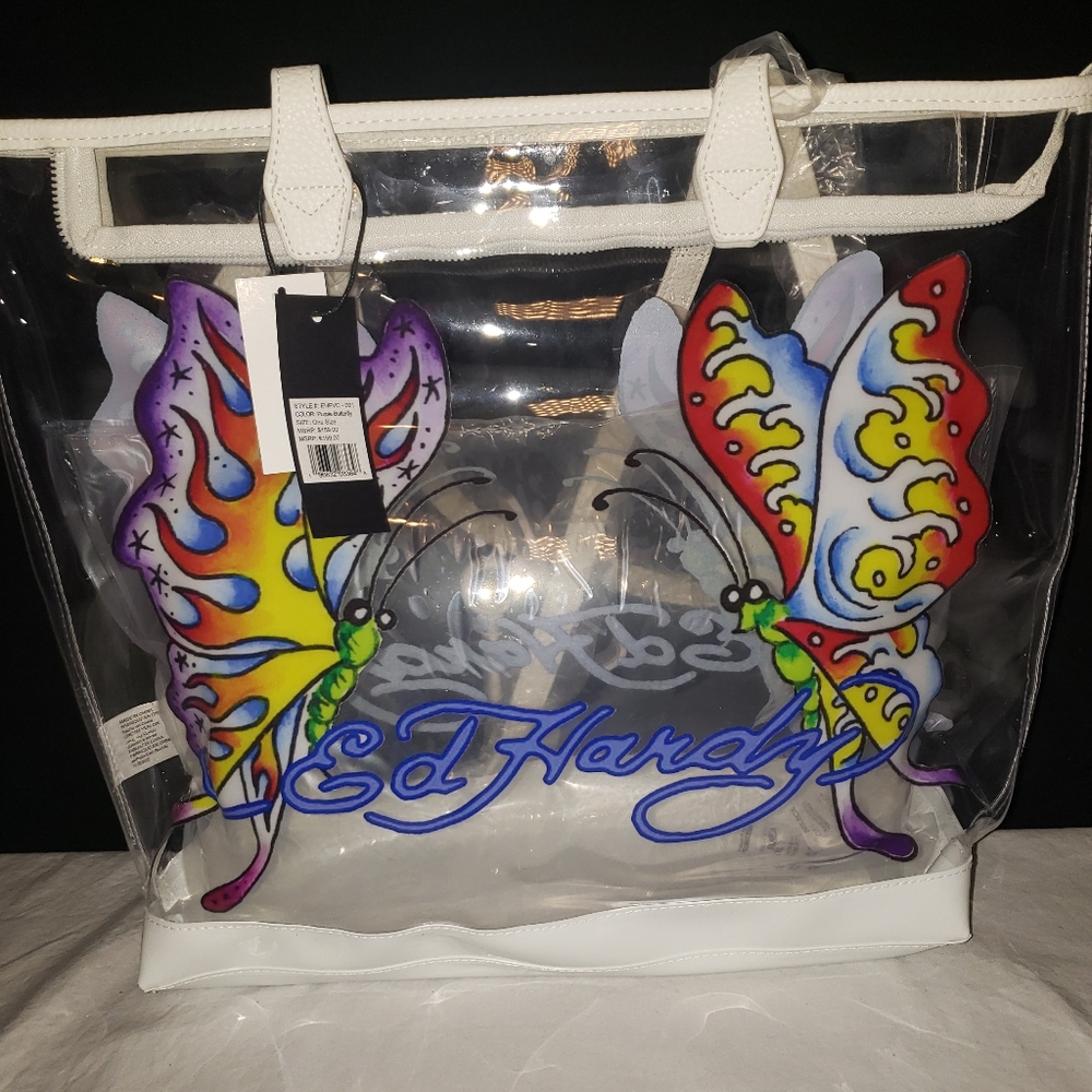 Ed Hardy Large Clear PVC Tote Bag with Butterfly Print NWT